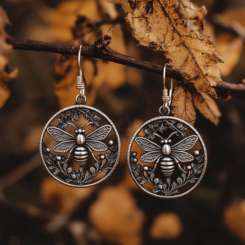 Vintage Bee Earrings with Floral Bohemian Nature Inspired Design