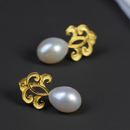 Sacred Pearl Drop Earrings with Mystical Scrollwork Charm