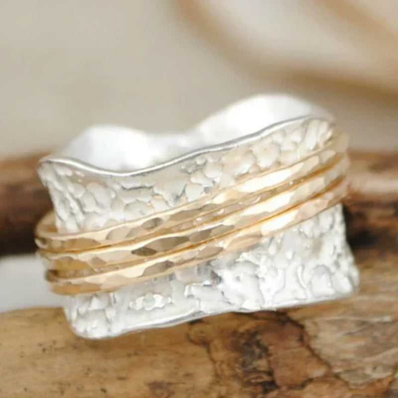 Textured Wide Band Ring with Hammered Gold Accent Lines