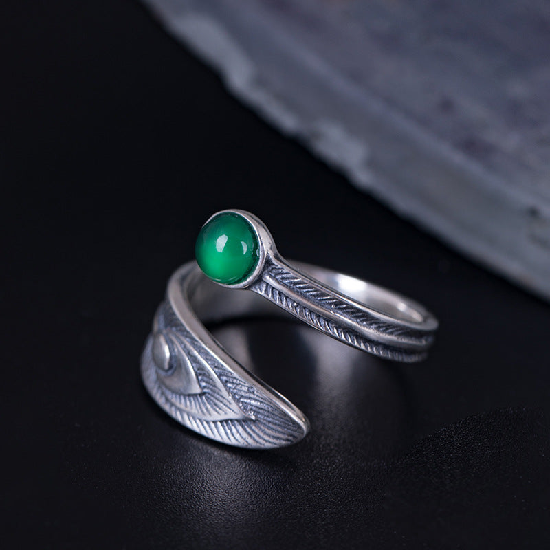 Adjustable Feather Ring with Green Crystal Accent
