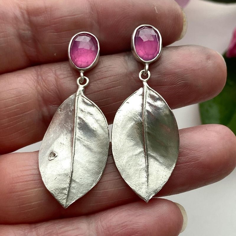 Leaf Drop Earrings with Pink Gemstone Nature Inspired Design