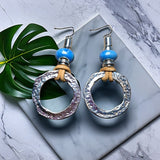 Rustic Circle Dangle Earrings with Leather and Blue Beads