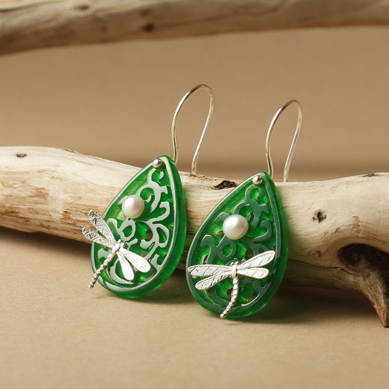 Green Dragonfly Drop Earrings for Transformation and Balance