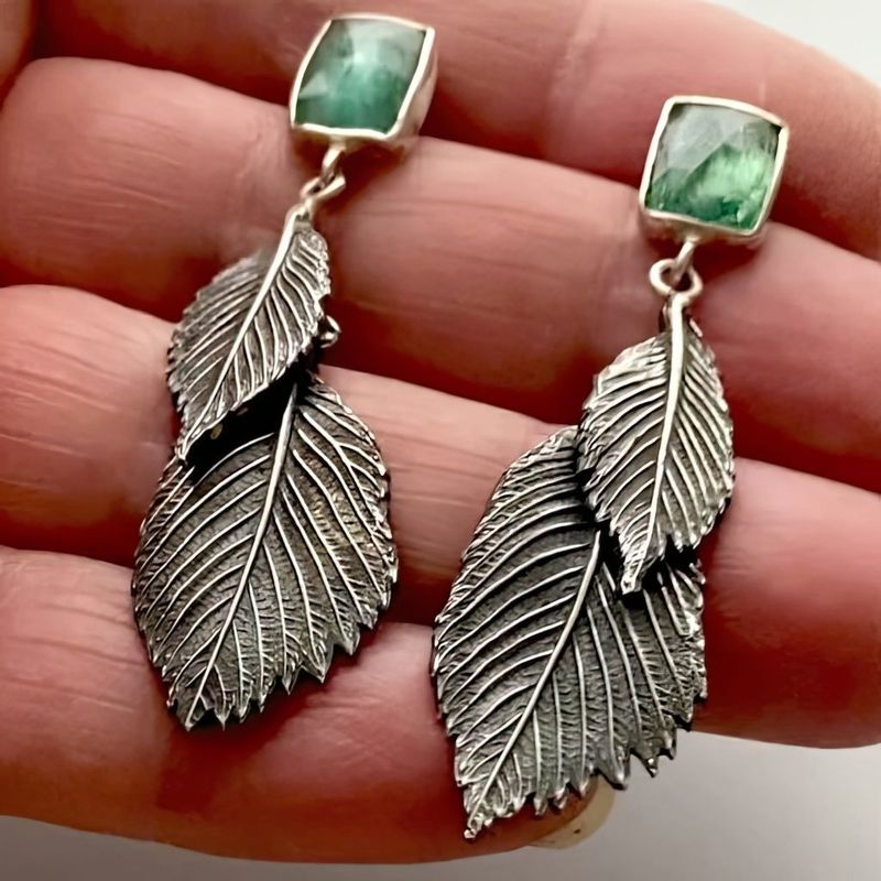 Layered Leaf Drop Earrings with Green Gemstone Nature Design