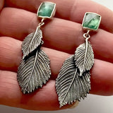Layered Leaf Drop Earrings with Green Gemstone Nature Design