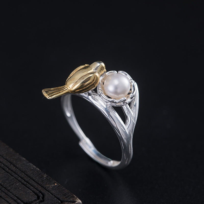 Golden Bird Pearl Ring – Nature-Inspired Adjustable Band