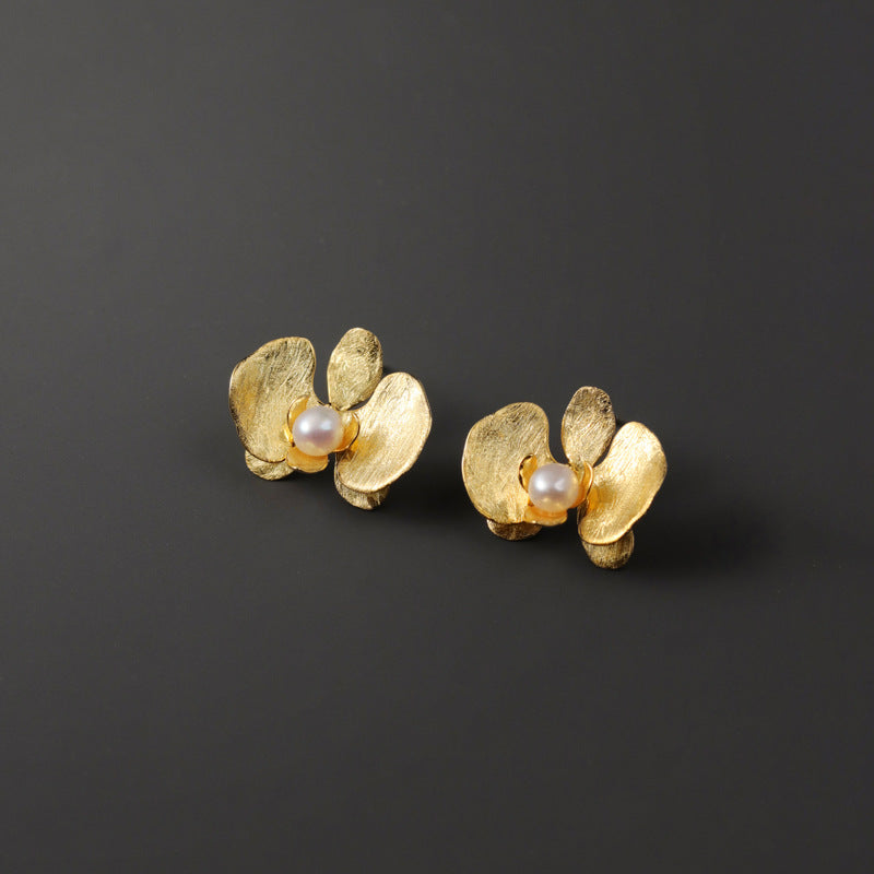 Pearl Orchid Earrings with Gold Flower Design