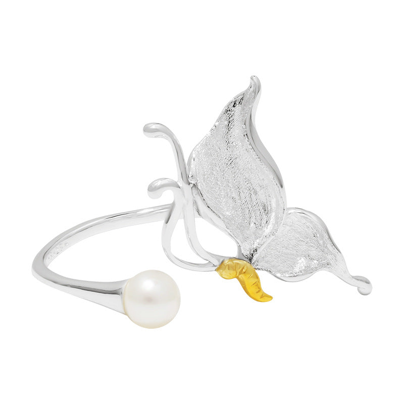 Butterfly and Pearl Open Ring – Nature-Inspired Spiritual Jewelry