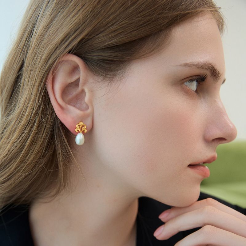 Sacred Pearl Drop Earrings with Mystical Scrollwork Charm