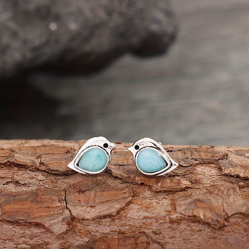 Cute Bird Stud Earrings with Blue Gemstone Nature Design