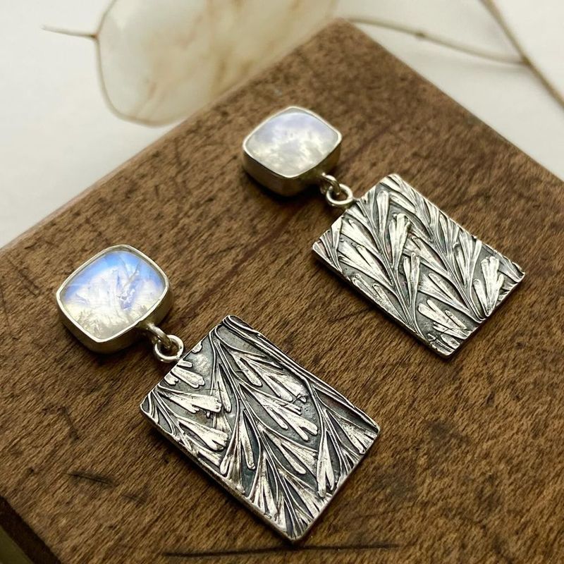 Botanical Rectangle Earrings with Moonstone Gemstone Nature Design
