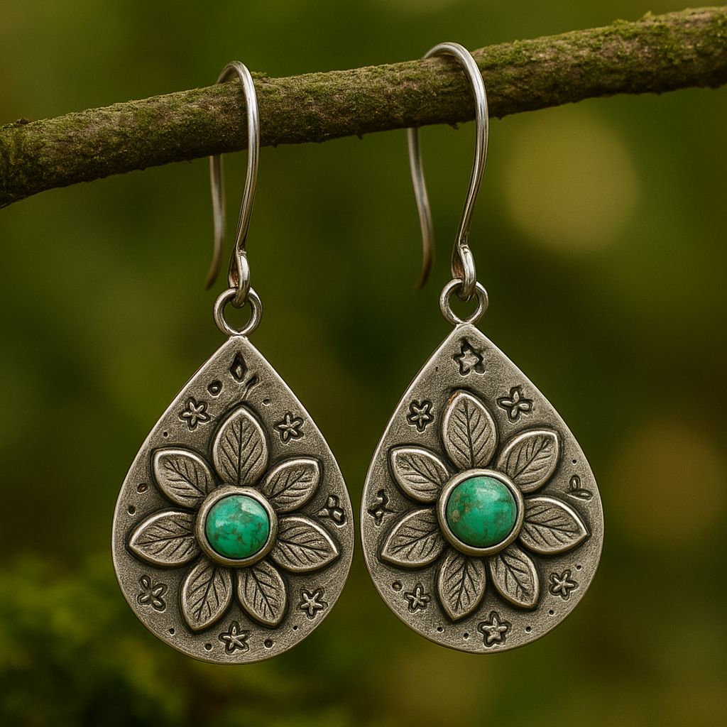 Vintage Teardrop Turquoise Flower Earrings with Nature Motif