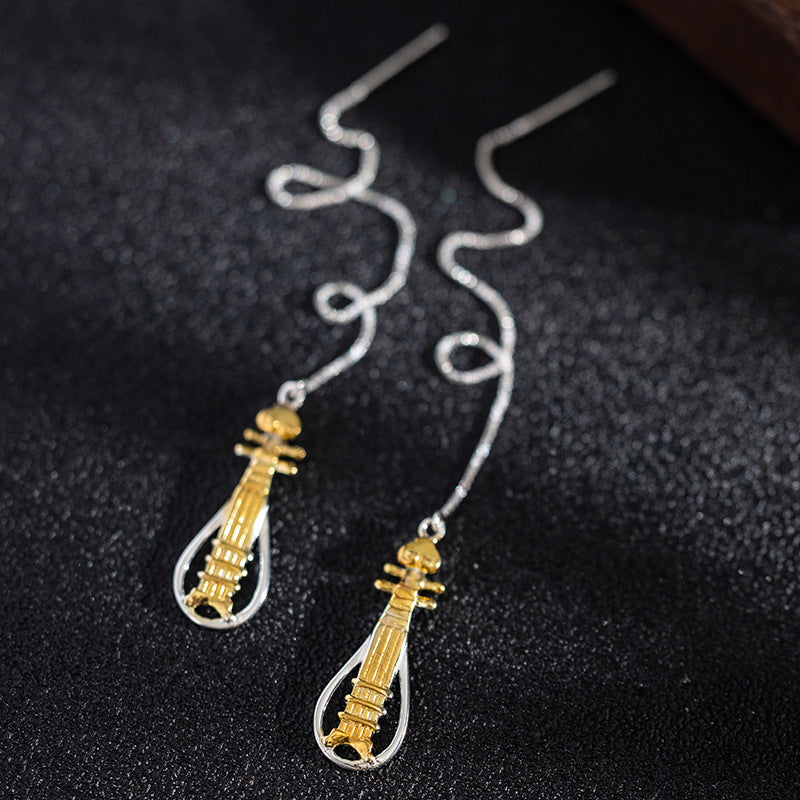 Celestial Lute Threader Earrings – Silver & Gold Harmony