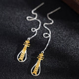 Celestial Lute Threader Earrings – Silver & Gold Harmony
