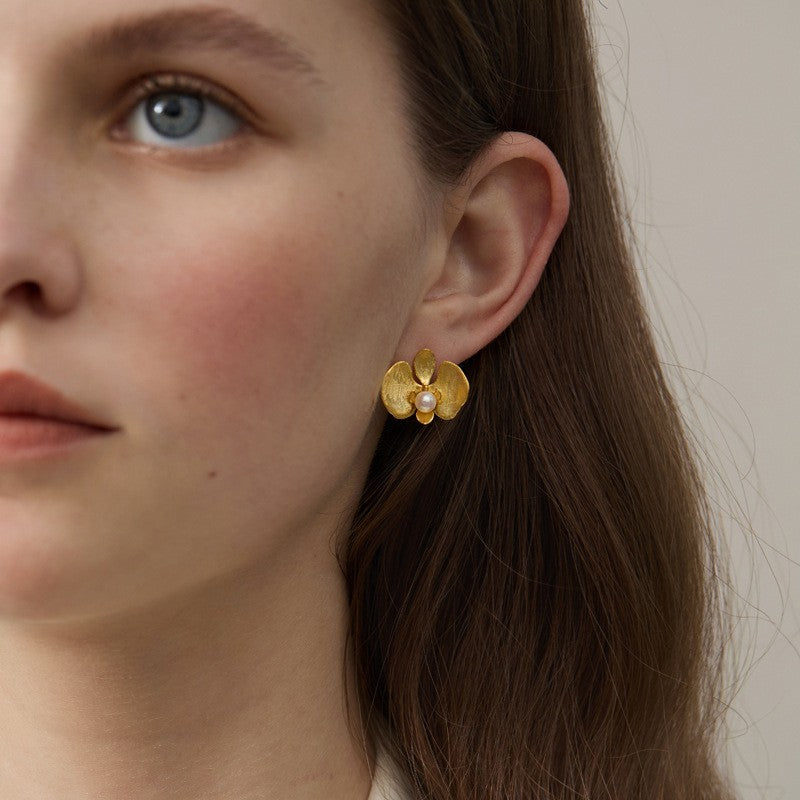 Pearl Orchid Earrings with Gold Flower Design