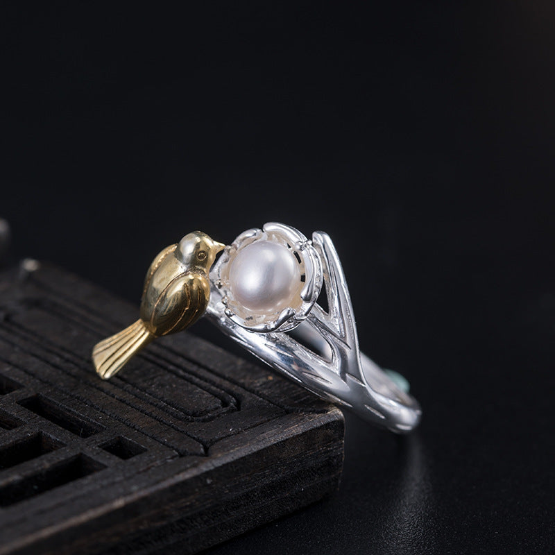 Golden Bird Pearl Ring – Nature-Inspired Adjustable Band
