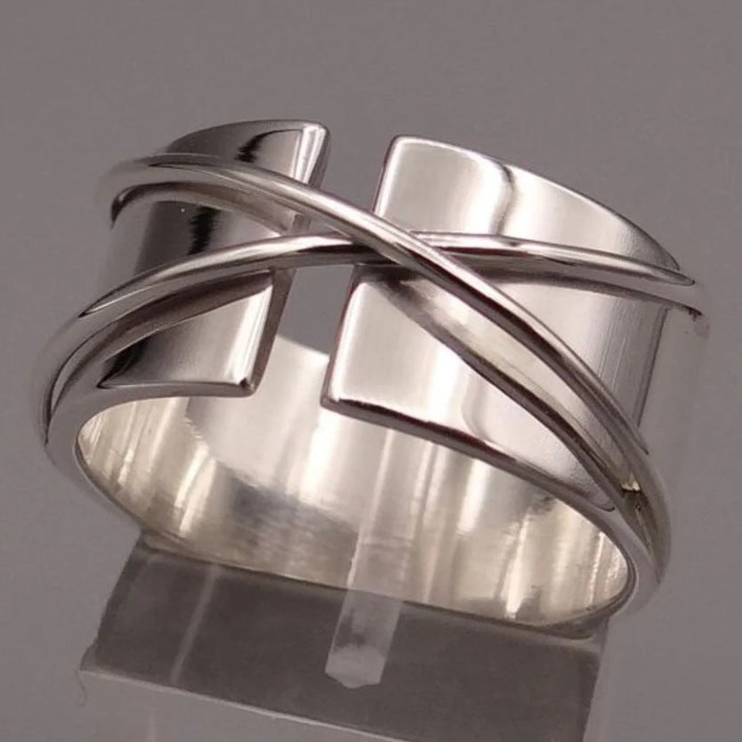Modern Wide Band Ring with Overlapping Minimalist Crossover Design