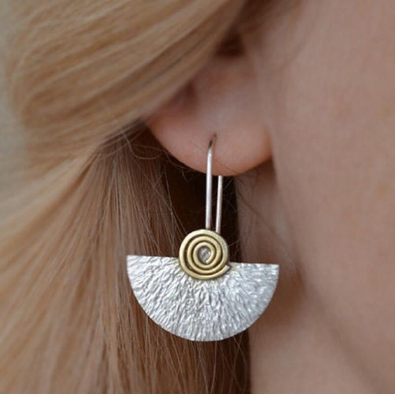 Textured Half Moon Earrings with Gold Spiral Accent