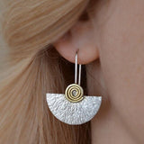 Textured Half Moon Earrings with Gold Spiral Accent