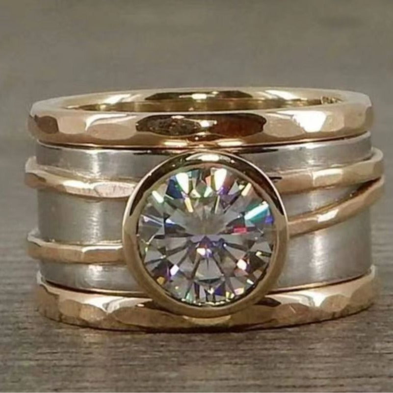 Rustic Mixed Metal Ring with Large Brilliant Crystal