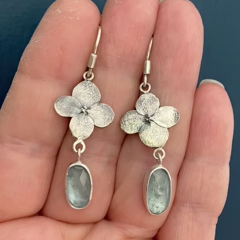 Floral Drop Earrings with Aquamarine Gemstone Nature Inspired Design