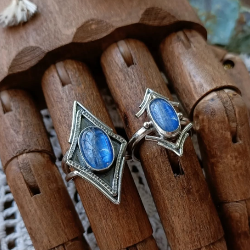 Natural Blue Kyanite Rings in Rustic Arrowhead Frames
