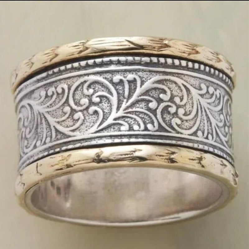 Vintage Scroll Pattern Wide Band Ring with Gold Accents