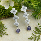 Long Floral Drop Earrings with Purple Gemstone Nature Design