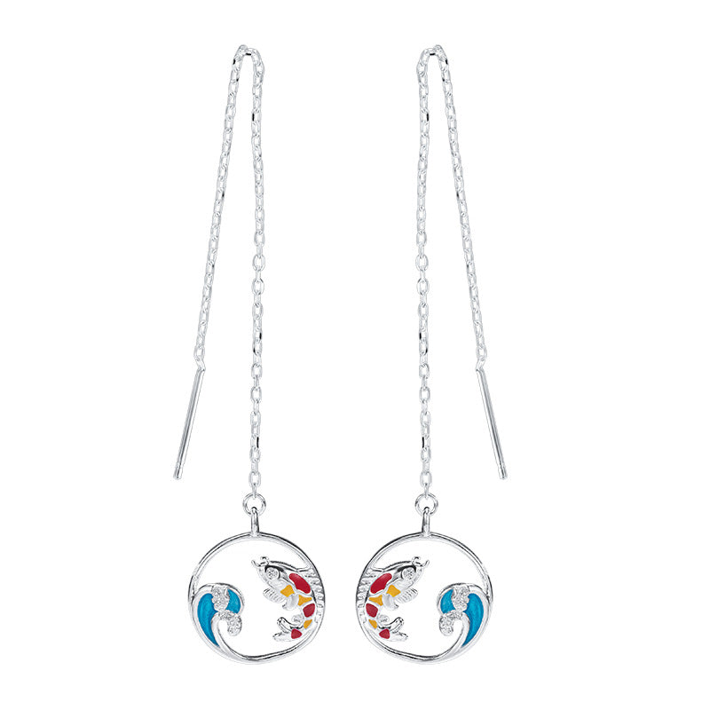Koi Wave Threader Earrings with Spiritual Flow and Fortune