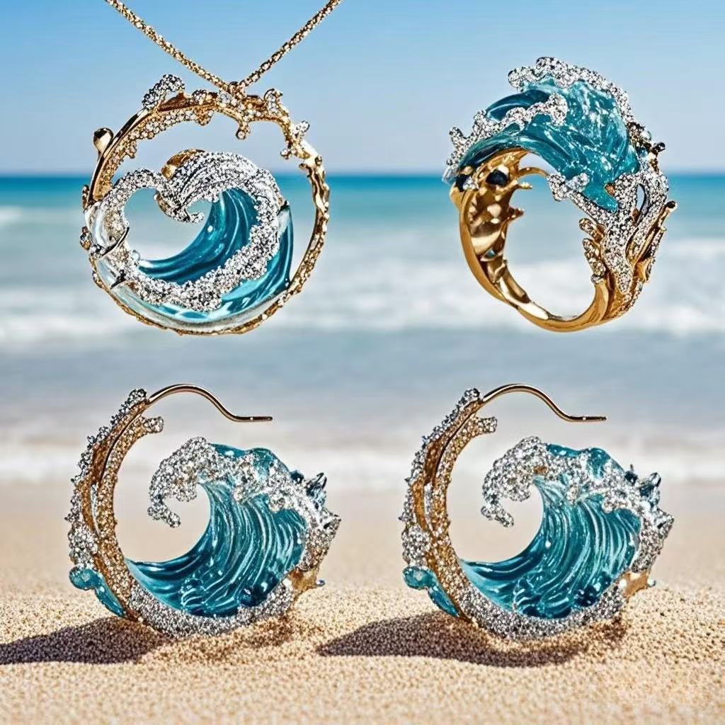 Golden Ocean Wave Pendant with Sparkling Crystal Accents