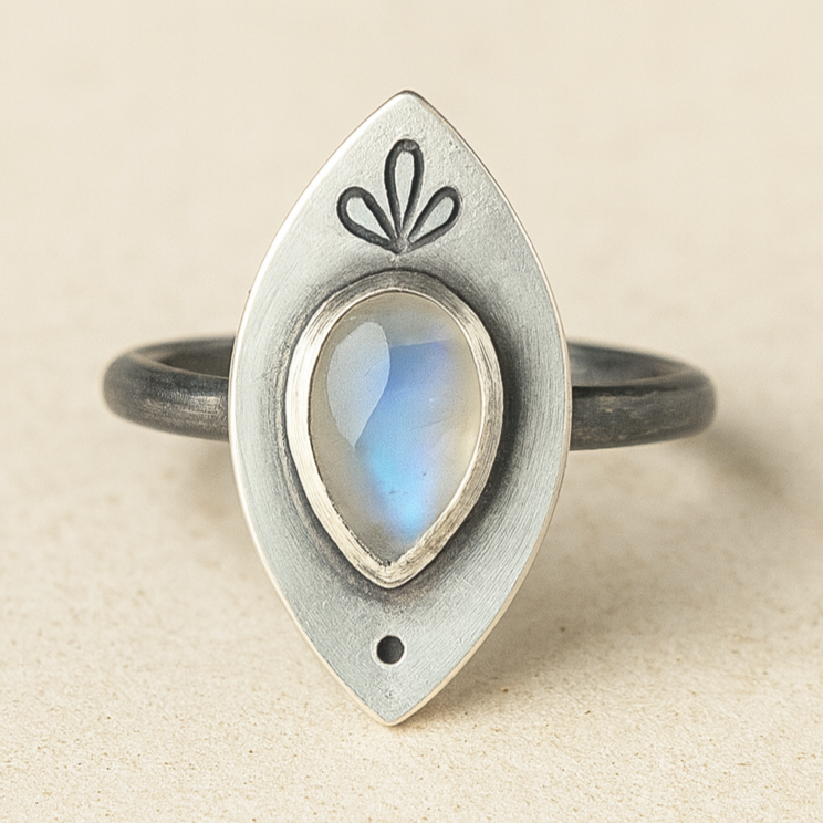 Pear-Shaped Moonstone Ring with Matte Leaf Frame