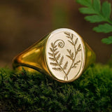 Botanical Engraved Gold Signet Ring with Nature Inspired Design