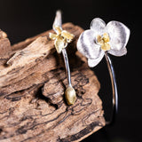 Blooming Flower Open Bangle – Silver and Gold Botanical Cuff