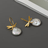Baroque Pearl Drop Earrings with Dragonfly Charm