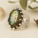 Labradorite Statement Ring with Cosmic Wire Halo Design