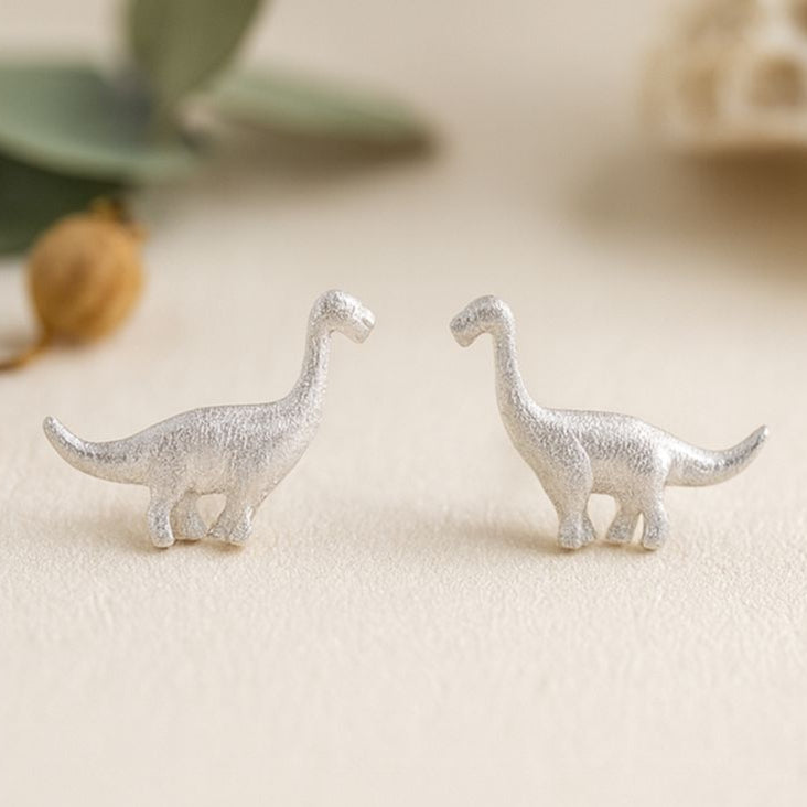 Mini Dinosaur Stud Earrings in Brushed Silver Finish