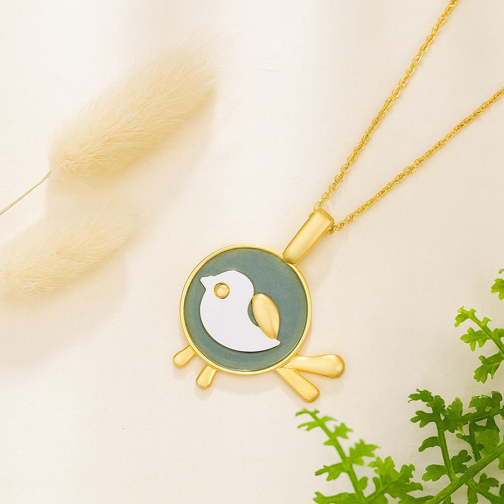 Enamel Bird Pendant Necklace in Forest Green & Gold