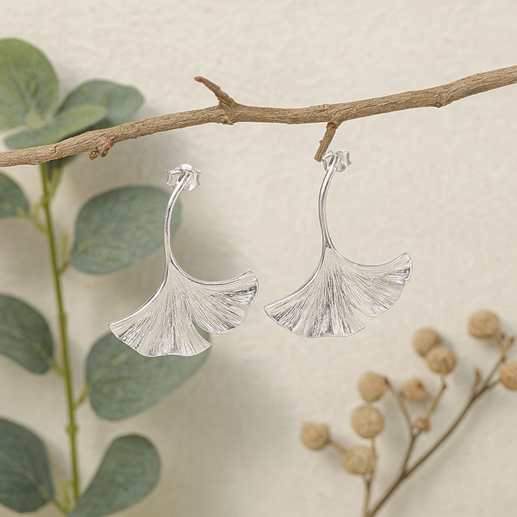 Silver Ginkgo Leaf Earrings with Natural Flowing Texture