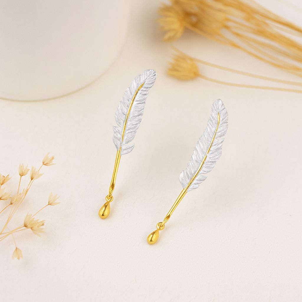 Feather Drop Earrings Gold Silver