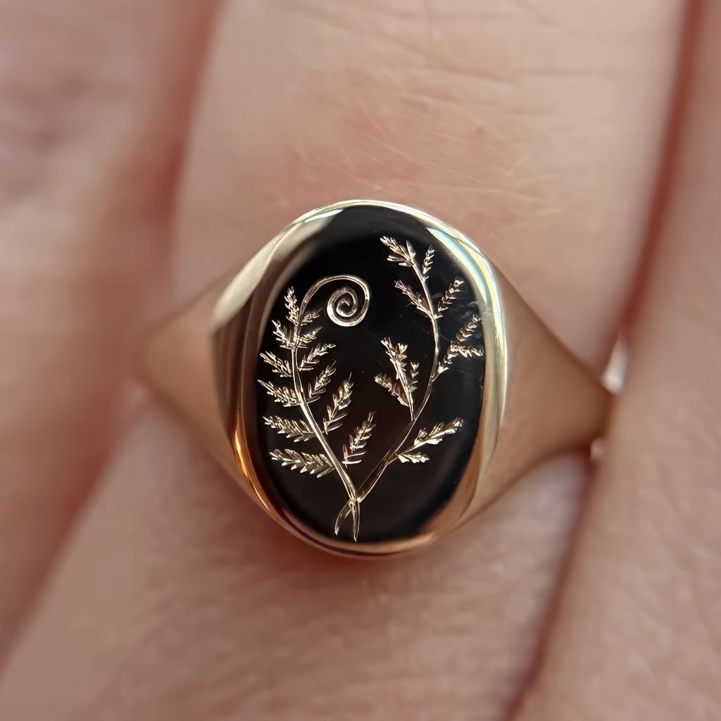 Botanical Engraved Gold Signet Ring with Nature Inspired Design