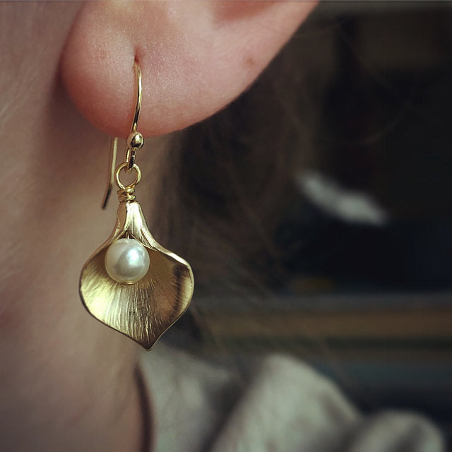 Gold Flower Petal Earrings with Pearl Nature Inspired Design