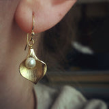 Gold Flower Petal Earrings with Pearl Nature Inspired Design