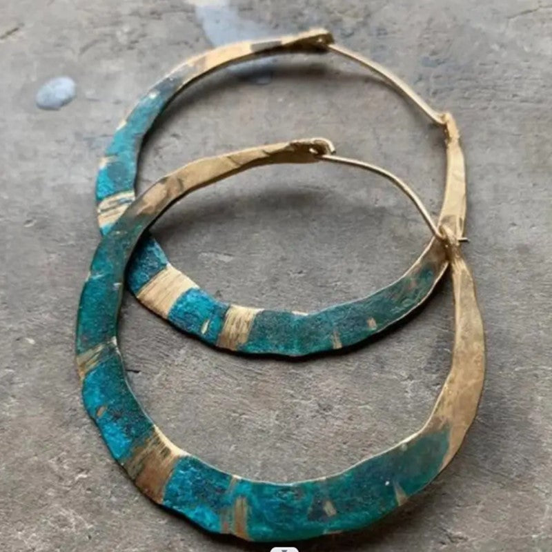 Rustic Gold and Turquoise Patina Textured Hoop Earrings