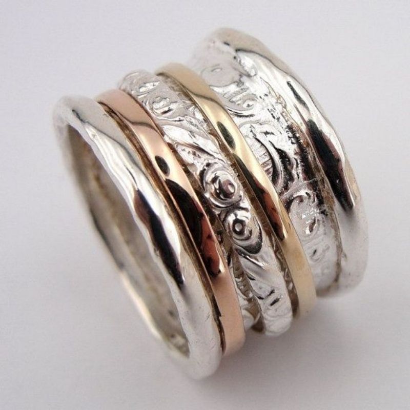 Bohemian Wide Band Ring with Mixed Metal Spinner Design