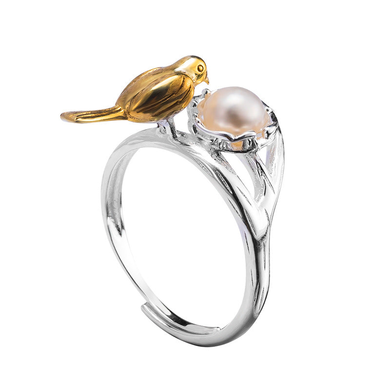 Golden Bird Pearl Ring – Nature-Inspired Adjustable Band