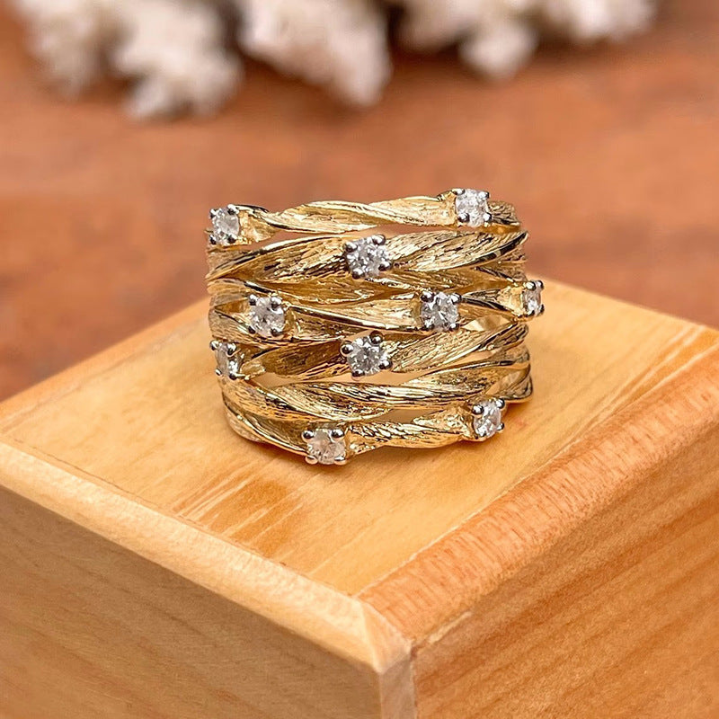 Gold Leaf Weave Ring with Sparkling Crystal Accents