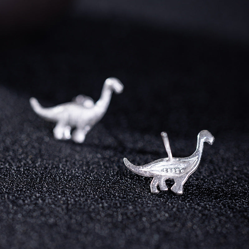 Mini Dinosaur Stud Earrings in Brushed Silver Finish