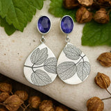 Teardrop Leaf Earrings with Purple Gemstone Nature Inspired Design