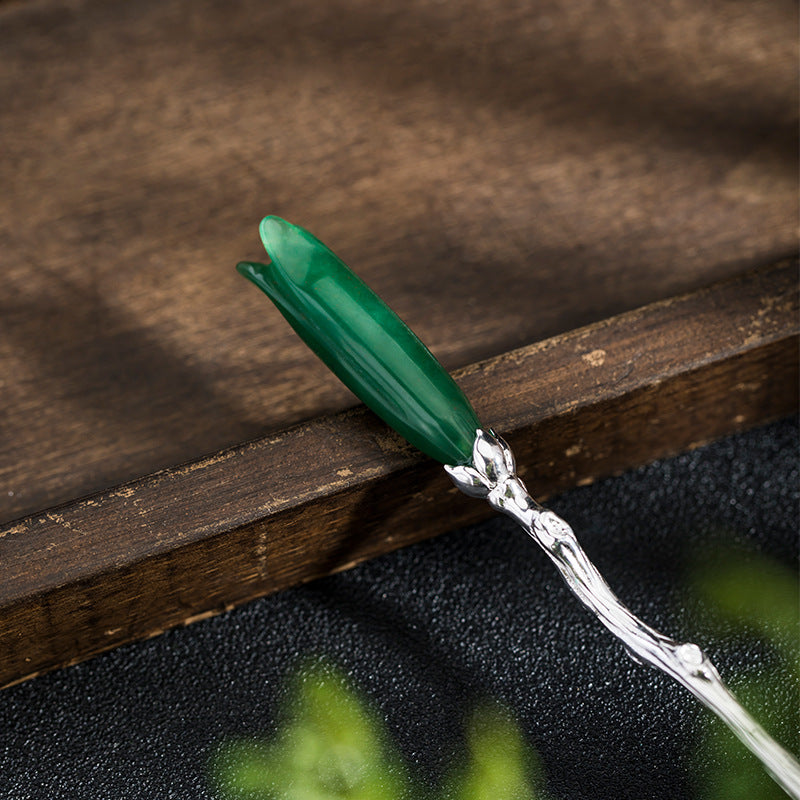 Green Jade Bud Hair Stick for Mystic Forest Energy