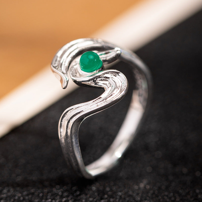 Mystic Stream Ring – Silver Wave with Green Stone